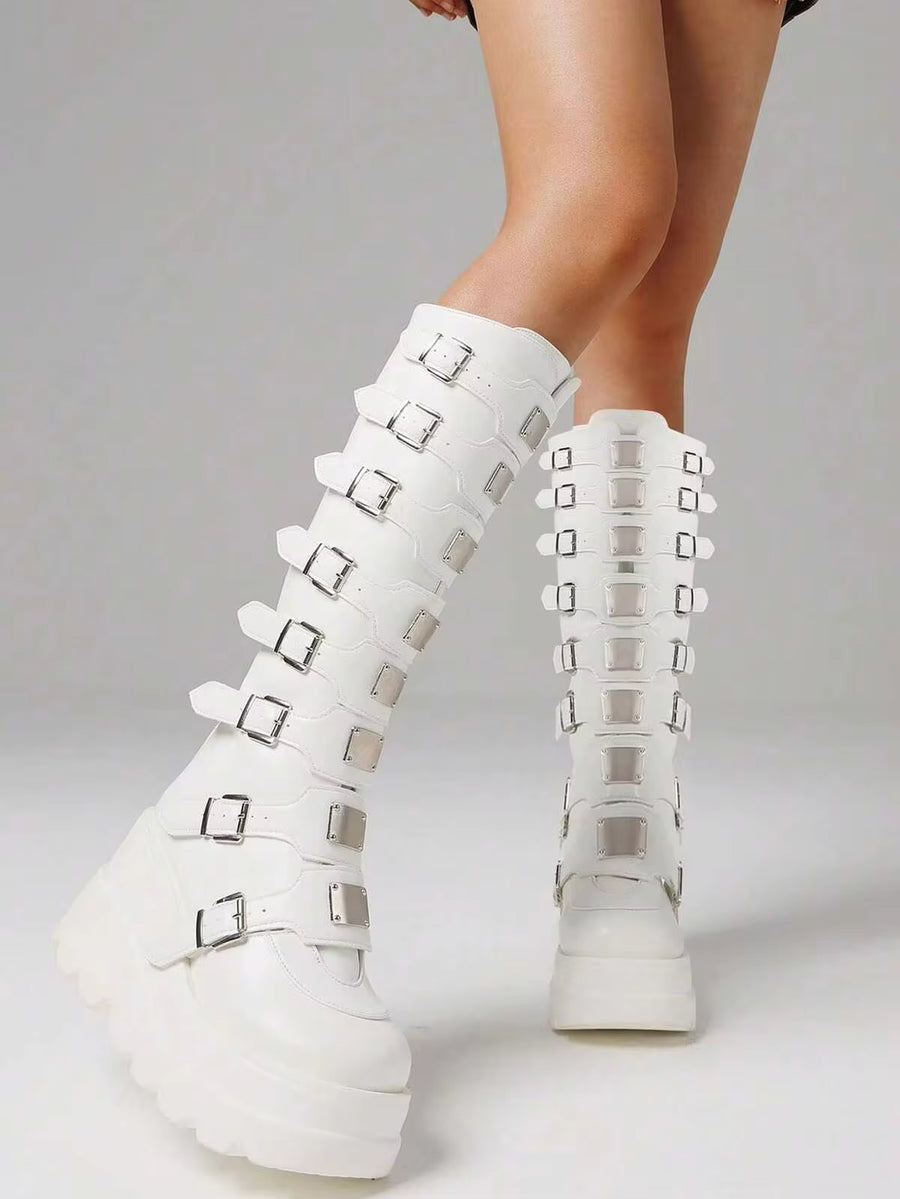 Black Gothic Women's Boots Motorcycle Metal Buckle Wedge Platform Knee High Boots Punk Nightclub Shoes Women