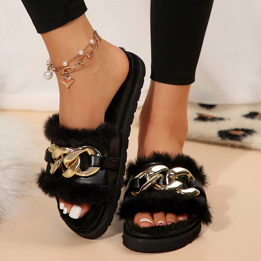 Open Toe Furry Sandals For Women - Fluffy & Winter-Ready Design