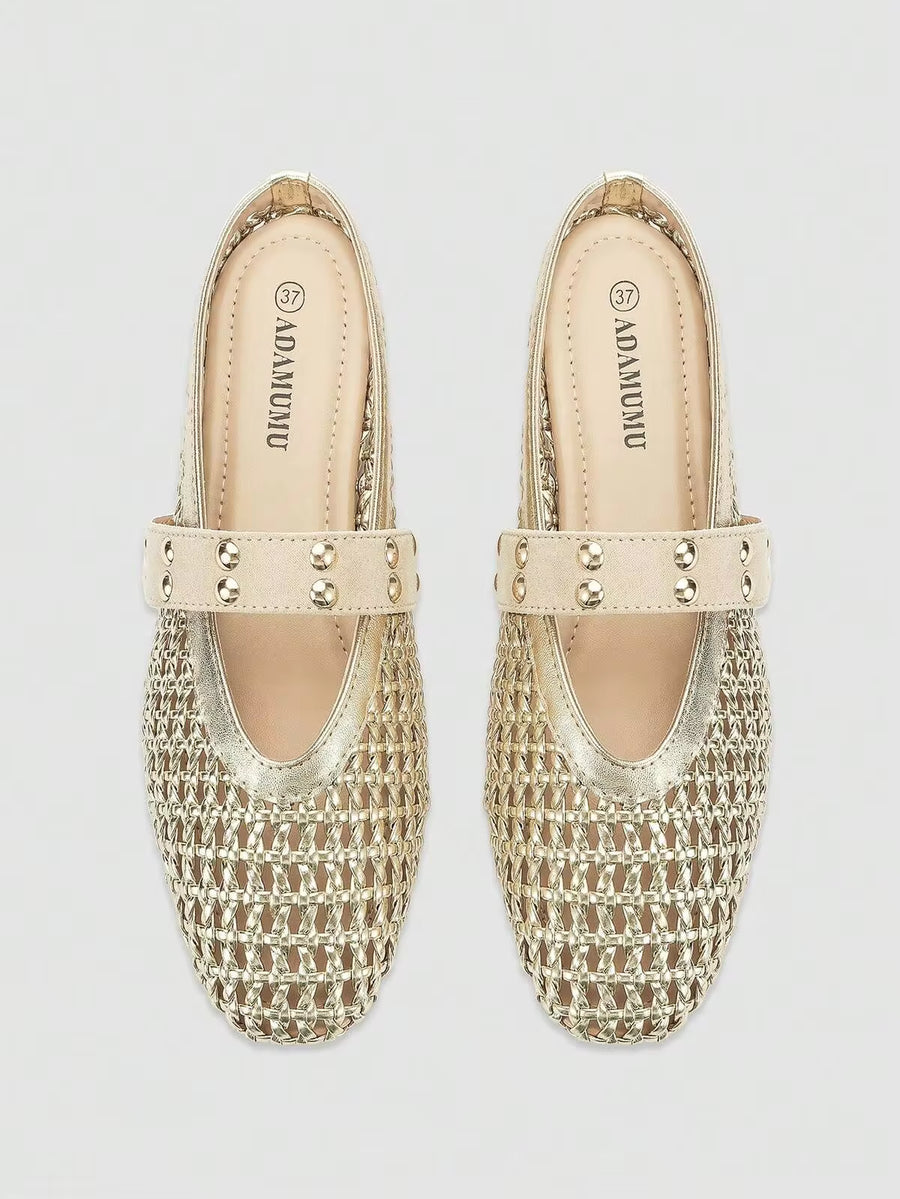 ADAMUMU New Women's Breathable PU Woven Craft Rhinestone Decor Woven Pattern Round Toe Low Vamp Strap Flat Heel Mule Half-Slip Shoes Minimalist Fashion Style Daily Shopping Commuting All Season Black Woven