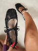 Women Flat Ballet Flats With Bow Decor & Floral Embroidery, Black Breathable Hollow Mesh Summer Sandals, Square Toe Glitter Wide Fit Mary Jane Shoes