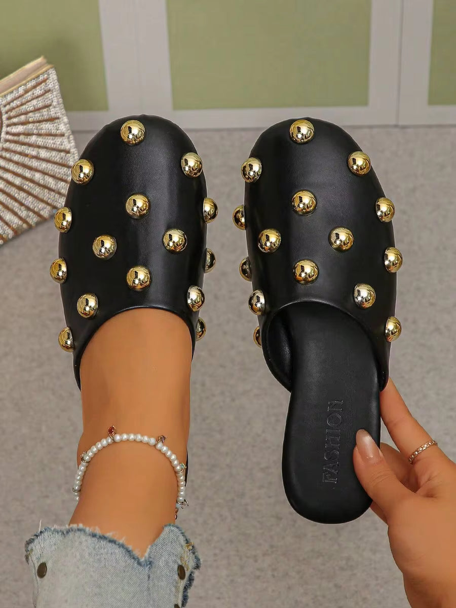 Vintage Rivet Backless Mules Women Shoes, Flat Slip-On Punk Style Comfortable Versatile Outdoor Slippers,Summer Outfits
