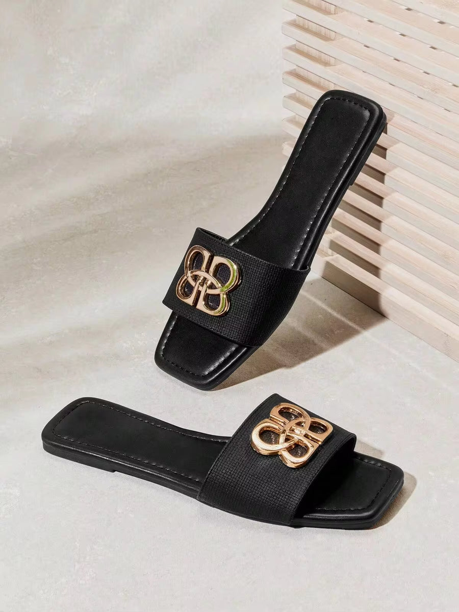 SHUZIA New Women's Chic Slide-In Black Square Toe Gold Decor Sexy Cute Comfortable Spring Summer Holiday Valentine Vacation Shoes