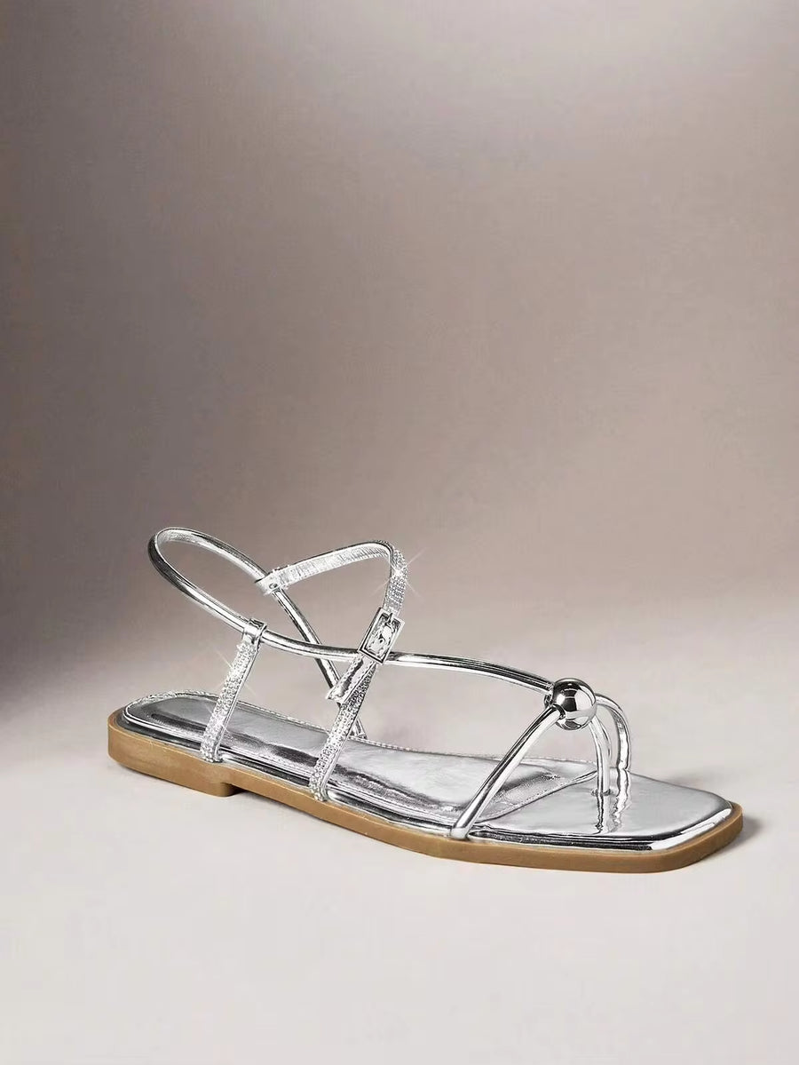 SHUZIA Women's Minimalist Elegant Metal Ring Decor Sling Back ThongFlat Sandals